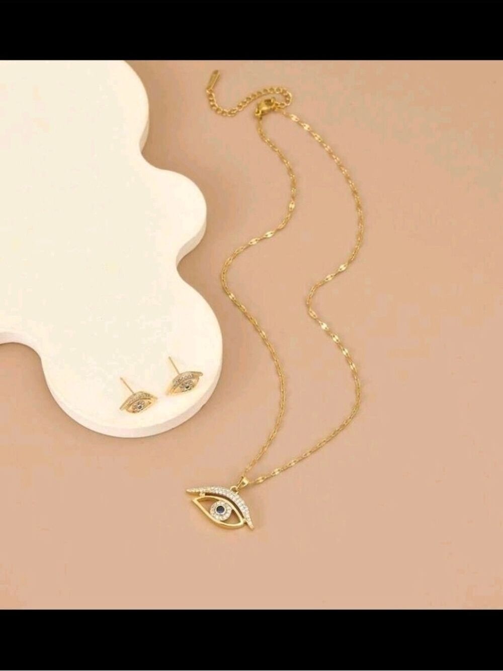 Gold Evil Eye Necklace Earrings Set - Picture 3 of 4